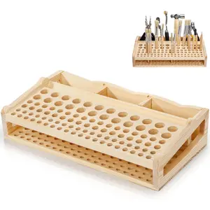 Leather Craft Tool Holder, 98 Holes Wooden Desktop Leather Working Tools Organizer with 3 Slots, Professional Large Making Punch Tools Rack Stand Storage Box for Brushes, Craft Tools