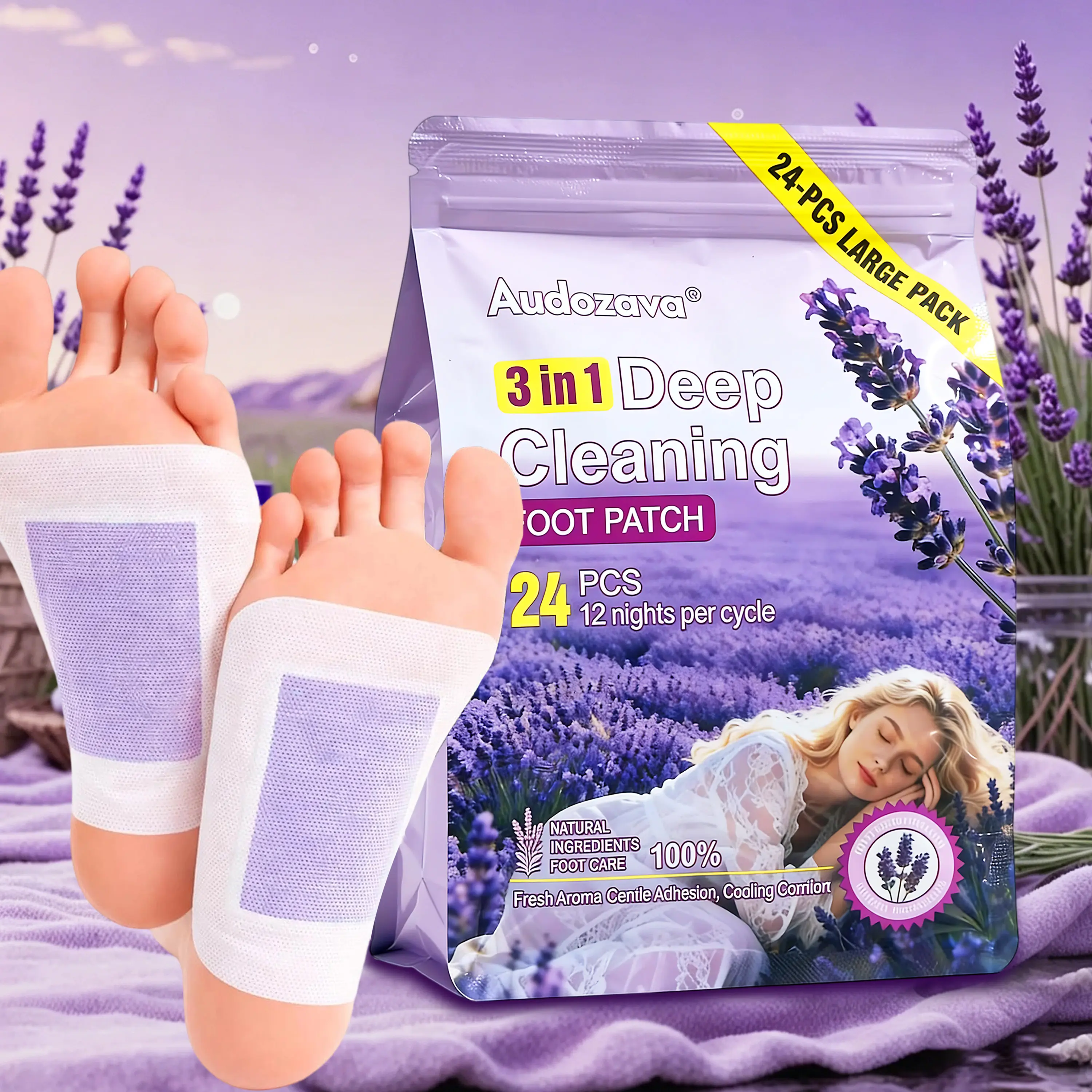 24PCS Natural Lavender Detox Foot Pads & Patches for FeetBamboo Vinegar Ginger Deep Cleansing Support Better SleepStress Relief Body Refresh Foot Care, Alternative Therapies mothersdaygift