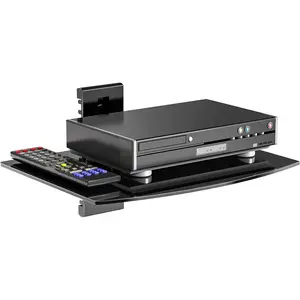 Floating TV Shelf, 1 Tier Glass Projector Shelf for DVD Players, Routers, Game Consoles, Cable Boxes, Living Room Decor, Wall Mount Shelves Hold Up to 17.6lbs (CS201B), 1-Shelf, Black