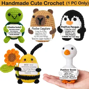 Handmade Crochet Tiny Capybara with Cheer Up Card, Knitted Funny Penguin Animal Doll, Desk Decor & Birthday Gift for Friends, Handmade Crochet Figure