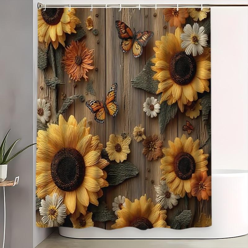 Creative Sunflower & Butterfly Garden Shower Curtain Set, Waterproof Polyester, Includes Hooks, Toilet Lid Cover, Mat, Ideal Gift