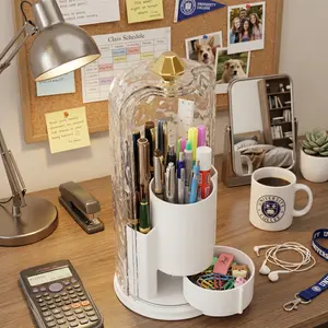 Upgrade Pen Holder Organizer with Lid,360 Rotating Clear Dustproof Desk Organizer for Pens, Pencils & Office Supplies