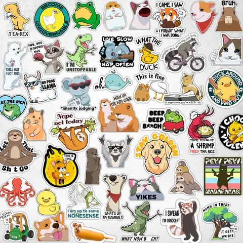 110pcs Self-Adhesive Waterproof Vinyl Funny Animal Meme Sticker Decals - 2-3in Glossy Laminate Finish Labels, Long Wearing Outdoor Safe for Laptop, Vehicle Decor (Humor Boost)