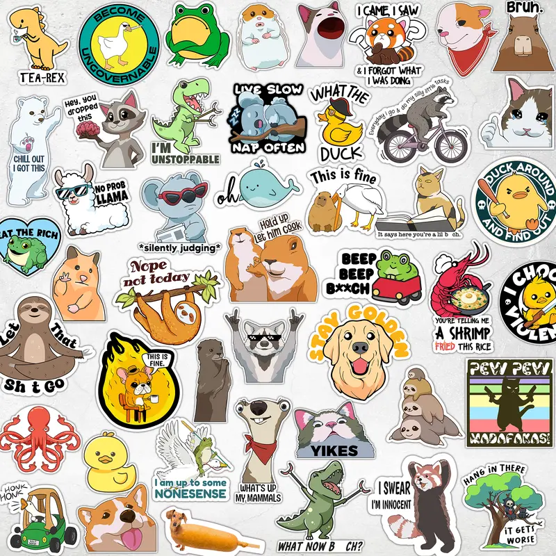 110pcs Self-Adhesive Waterproof Vinyl Funny Animal Meme Sticker Decals - 2-3in Glossy Laminate Finish Labels, Long Wearing Outdoor Safe for Laptop, Vehicle Decor (Humor Boost)