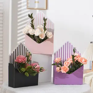 Foldable Flower Gift Box, Envelope Shape Paper Flower Gift Box, Striped Design with Gold Accents, Perfect for Weddings Birthdays Valentine's Day