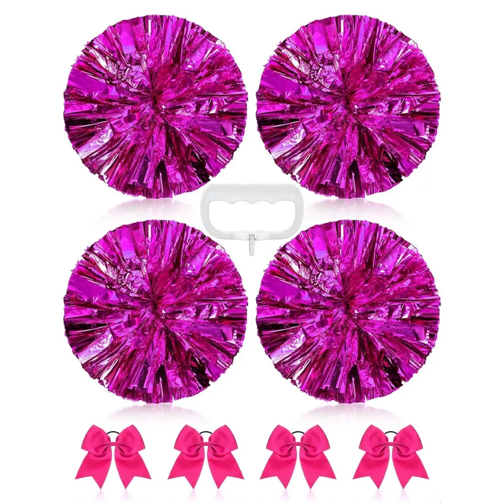 Jaxine 8 Pcs Metallic Cheerleading Pom Pom Set with Hair Bows | Rosy