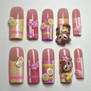T110 Lynn Banana Picnic Monkey 3D Press-On Nails, Pink Plaid Art with Fruit & Floral Details, Handmade Cute Style, Custom Nails, Gift for Her