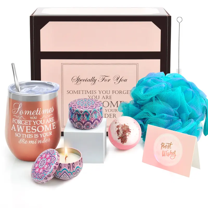 Women's Self-Care Spa Tumbler Set - Insulated Tumbler (Messages: "Sometimes You Forget You Are Awesome"/"Not A Day Over Fabulous"), Candle, Bath Bomb, Scented Relaxing Gift Basket, Birthday Christmas Gifts for Adults, Scent