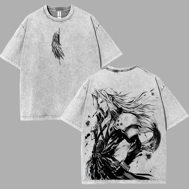 Sephiroth main villains one wing angel final fantasy vii action rpg art Game Washed Tshirt hoodie 2 Sided Cotton Unisex Menswear 90s graphic tees streetwear clothes video gamer t-shirt