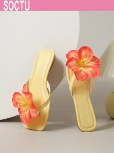 Women's Floral Square Toe Sandals, Flip Flops, Summer Beach Vacation Style, Casual Flat Slip-On Shoes, PU Upper, Rubber Sole