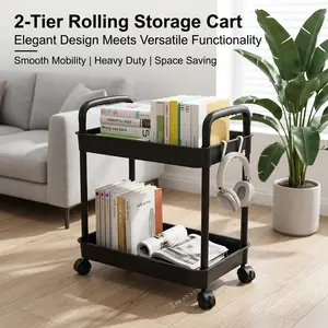 2-Tier Rolling Storage Cart with Wheels – White or Black – Compact & Mobile