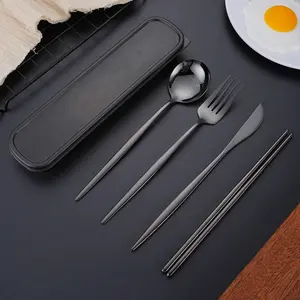 Portuguese knife, fork and spoon Set + Portable Storage Box - 4 Pieces of Creative Stainless Steel Travel Tableware Set with Chopsticks Gift box Tableware Kit