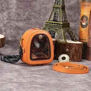 1pc Retro Cowhide Handbag, PVC transparent window jewelry and wenwan display case, mini multifunctional portable storage pouch, vintage aesthetic design, lightweight easy to carry, perfect for ornaments collection