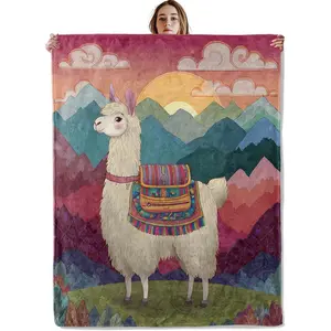 Cute Tribal Llama Blanket, Soft Cozy Lightweight Sunset Scene Throw Blanket for Women Kids Girls Teens Animal Lovers, Sofa Couch Bed Flannel Blankets for Travel Decor Gifts