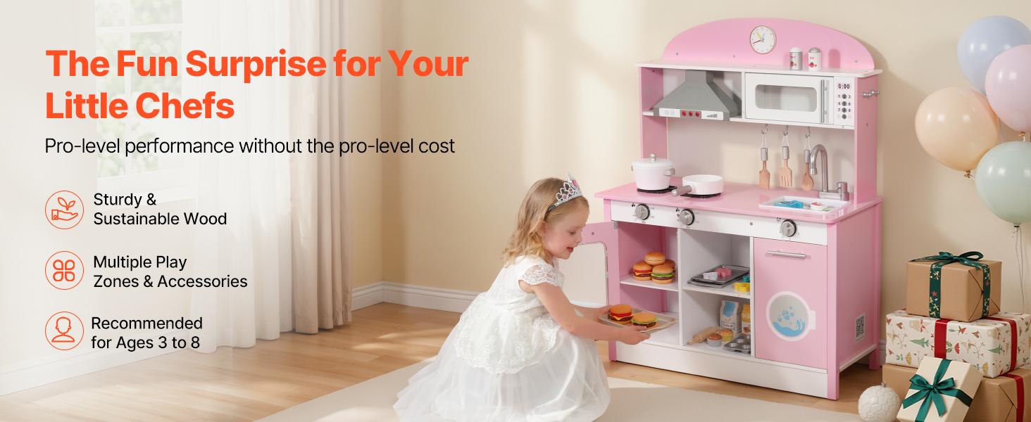 VEVOR Play Kitchen for Kids, Wooden, Kids Kitchen Playset with Real Lights & Sounds, Food & Cookware, Pretend Play Toy Set, Microwave, Oven, Clicking Knobs, for Toddlers, Girls & Boys Ages 3-8, Pink