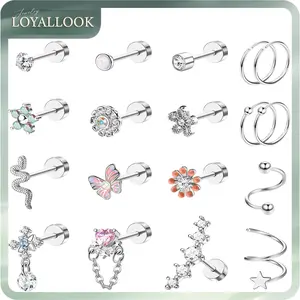 LOYALLOOK 18PCS Cartilage Earring Stud for Women Surgical Steel Flat Back Earrings Couch Hoop Piercing Opal Flower Sanke Helix Tragus Piercing CZ Cartilage Earring Piercing