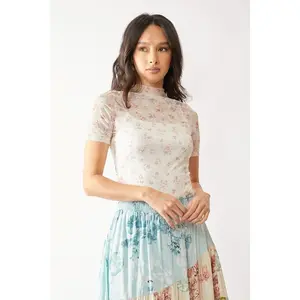 Davi & Dani Floral Mesh Mock Neck Short Sleeve Top