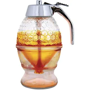 No Drip Glass Honey Dispenser with Stand - Honeycomb Shaped Honey Holder and Syrup Dispenser - Bee Decor Honey Storage Jar, Glass Honey Dispenser for Honey