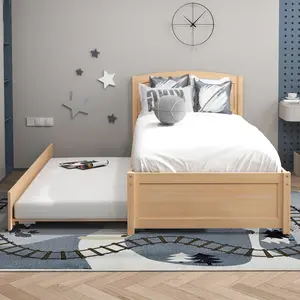 Topwin Natural Color Twin Bed with Trundle – Space-Saving Design, Comfortable and Versatile for Kids, Guest Rooms, or Small Spaces