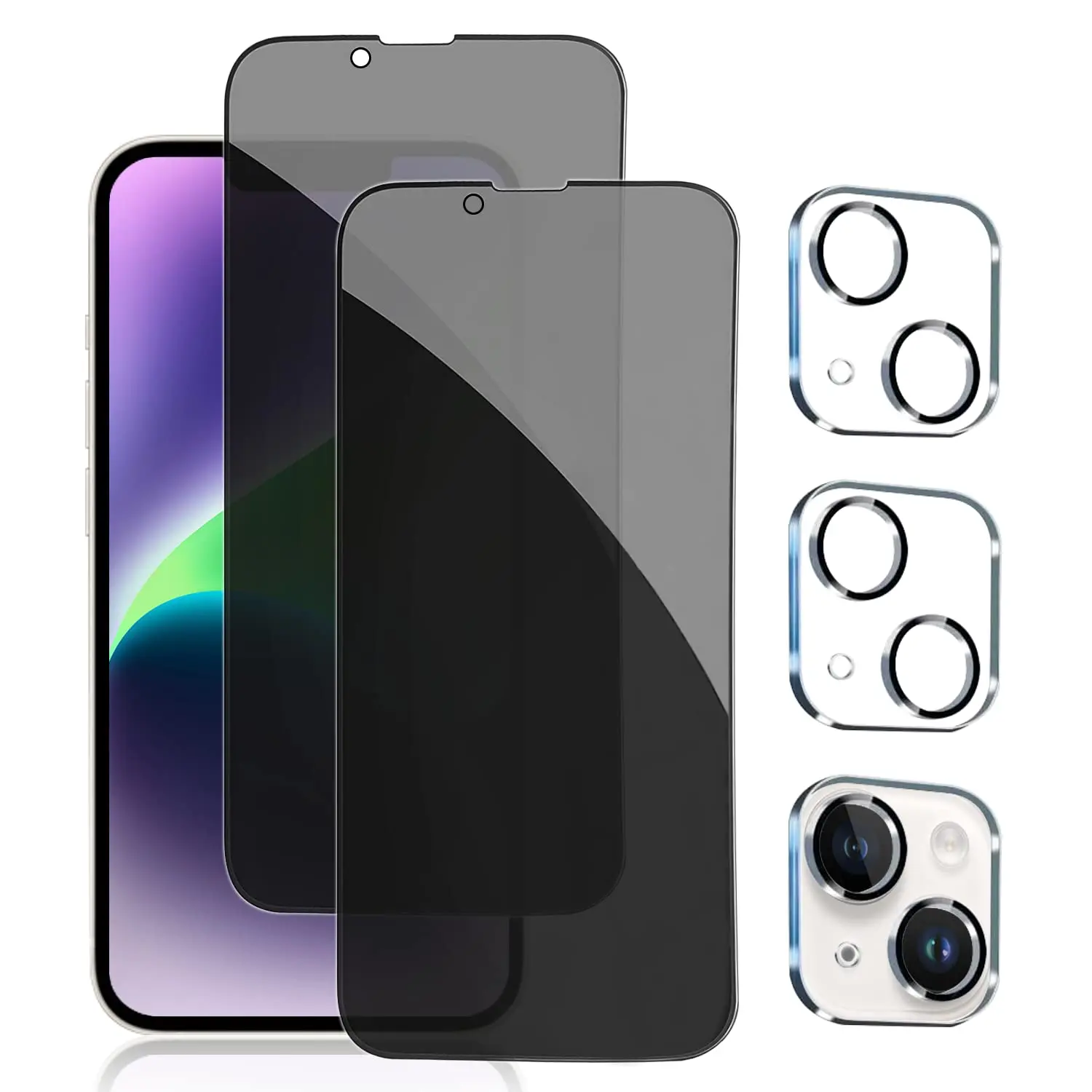 [Pack of 2+2] iPhone 15/14/13/12/11 Privacy Screen Protective Film with Camera Lens Protective Film Full Coverage Anti Spy Tempered Glass Film 9H Hardness Upgrade Edge Protection Easy to Install Bubbles [6.1 inches]