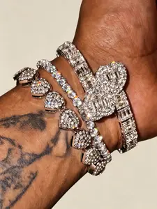 1/3Pcs 18K Gold-Plated Stainless Steel & Copper Heart Bangle Set, Cubic Zirconia Full-Pave Diamond-Look Tennis Bracelets, Light Luxury Hip-Hop Style for Layering, Stylish Daily Jewelry & Holiday Gifts for Women.