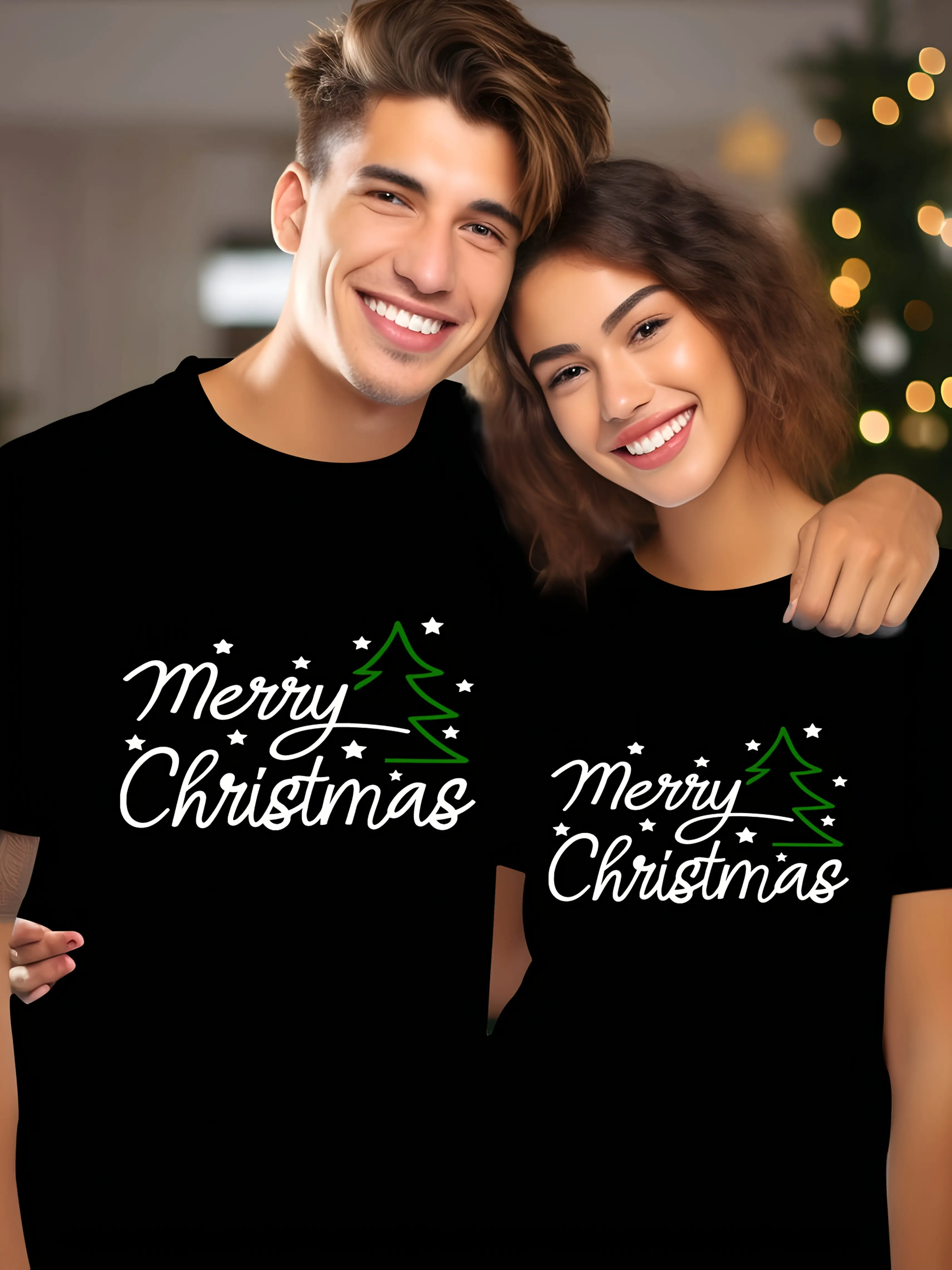 Xmas Gift Matching Outfit Simple Christmas Tree Design Soft Comfortable Couple T-shirt Crewneck Menswear Top Unisex Basic Black Breathable Classic Clothes Elegant