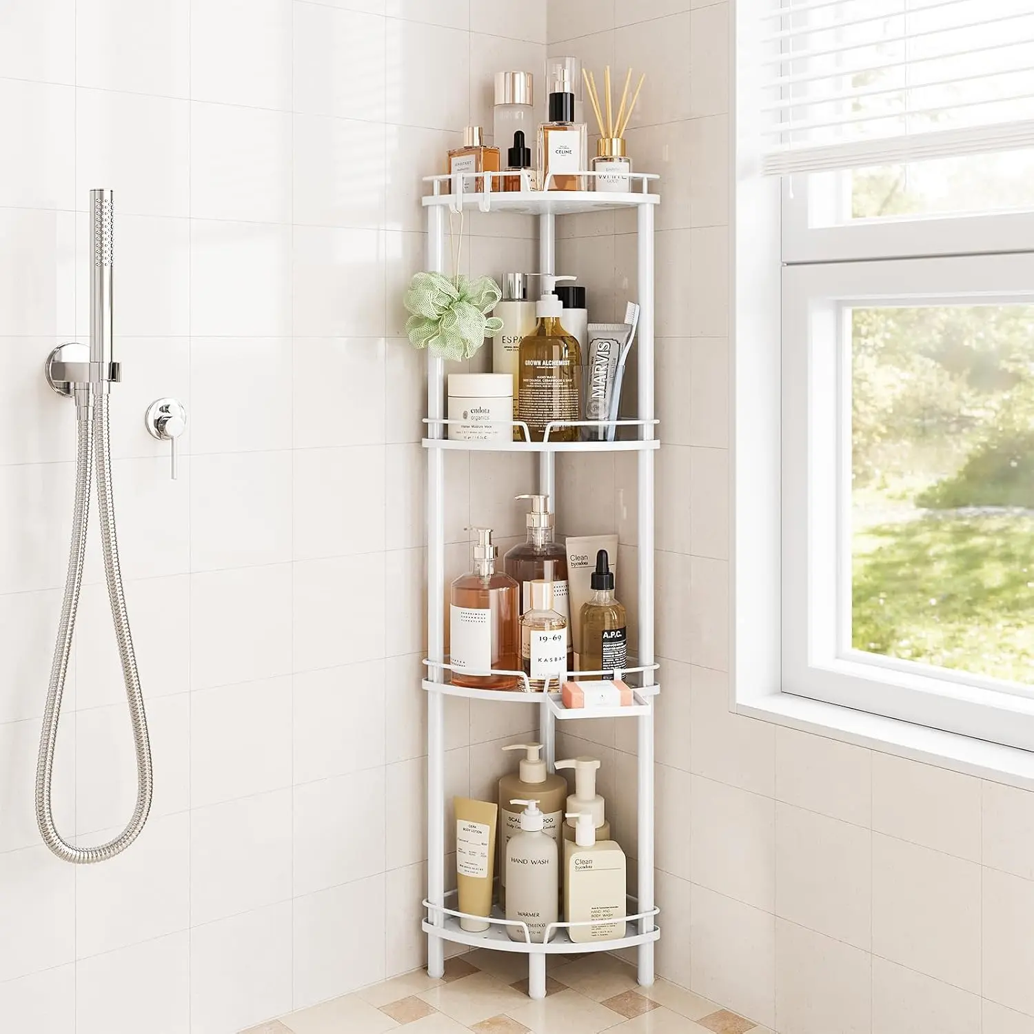 Corner Shower  Standing, 4 Tier Rustproof Metal Shower Organizer with Soap Holder, Floor Shower Corner Shelf Rack Storage Stands with Adjustable  & 2 Hooks for Bathroom, White