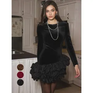 Early Spring New Women’s Fashion Sexy Babushka-Style Gold Velvet Round-Neck Long-Sleeve Slim Mini Dress with Asymmetrical Flared Hem