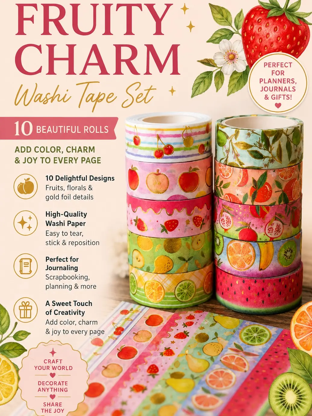 10 Roll Fruit Washi Tape Set- Colorful Fruit Patterns