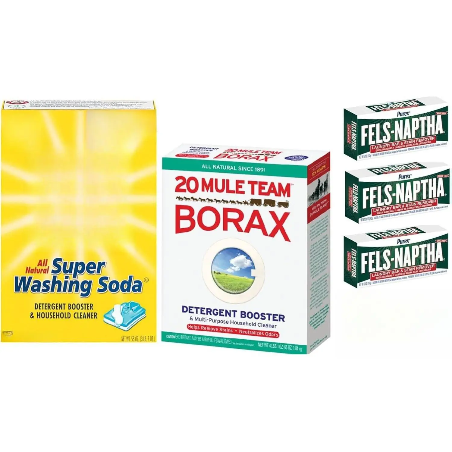 Laundry Soap Kit - Fels Naptha 4 bars, 20 Mule Team Borax Natural Laundry Booster, & Arm & Hammer Super Washing Soda