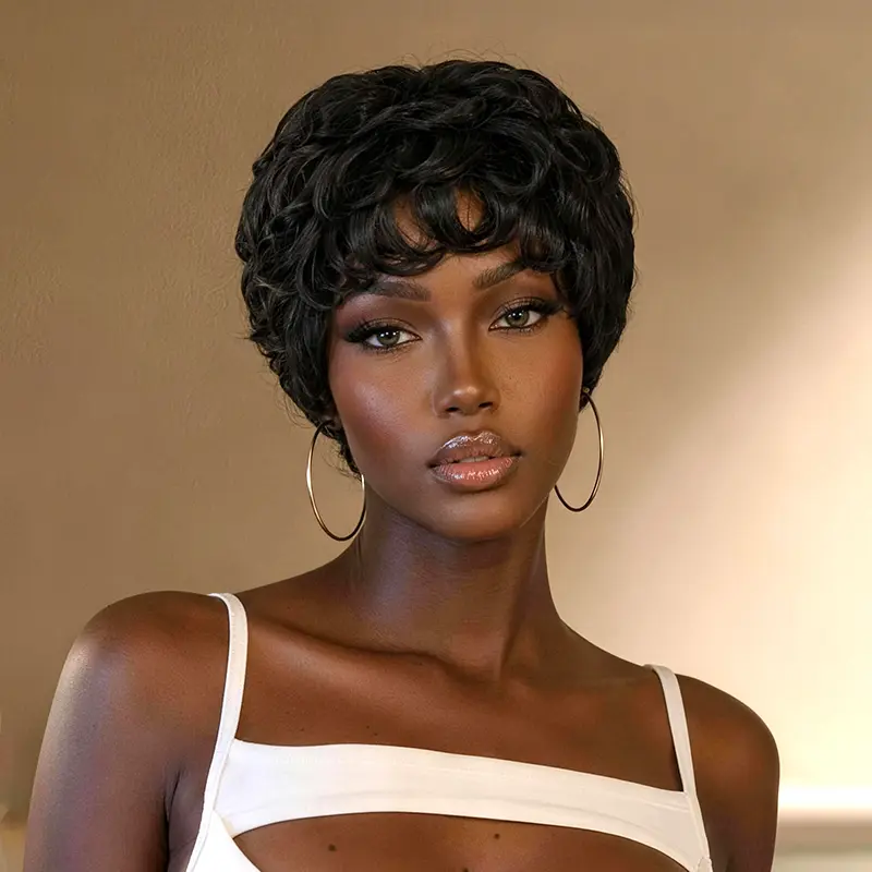 [New Arrival] Frodio Veralux™ Blend Human Hair Short Curly Pixie Wig 4 Inches Wear & Go, Glueless, No Lace, Natural Black Wig