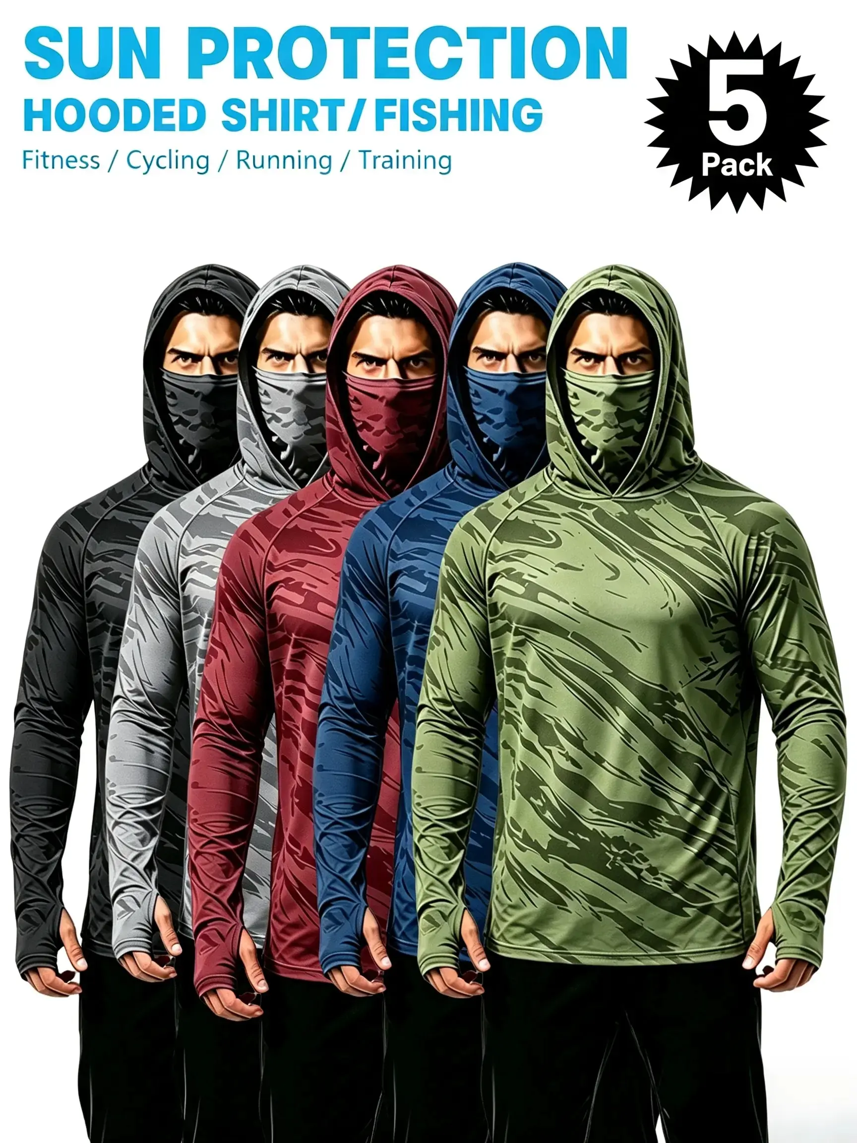 5 pcs Men's Sun Protection Long Sleeve Hooded Shirts, 4-Way Stretch Quick Dry Compression Work Shirt with Built-in Face Mask & Neck Gaiter, UV Protection for Fishing Cycling Gardening Outdoor Work Dry Fit Active Polyester Polyester Polyester
