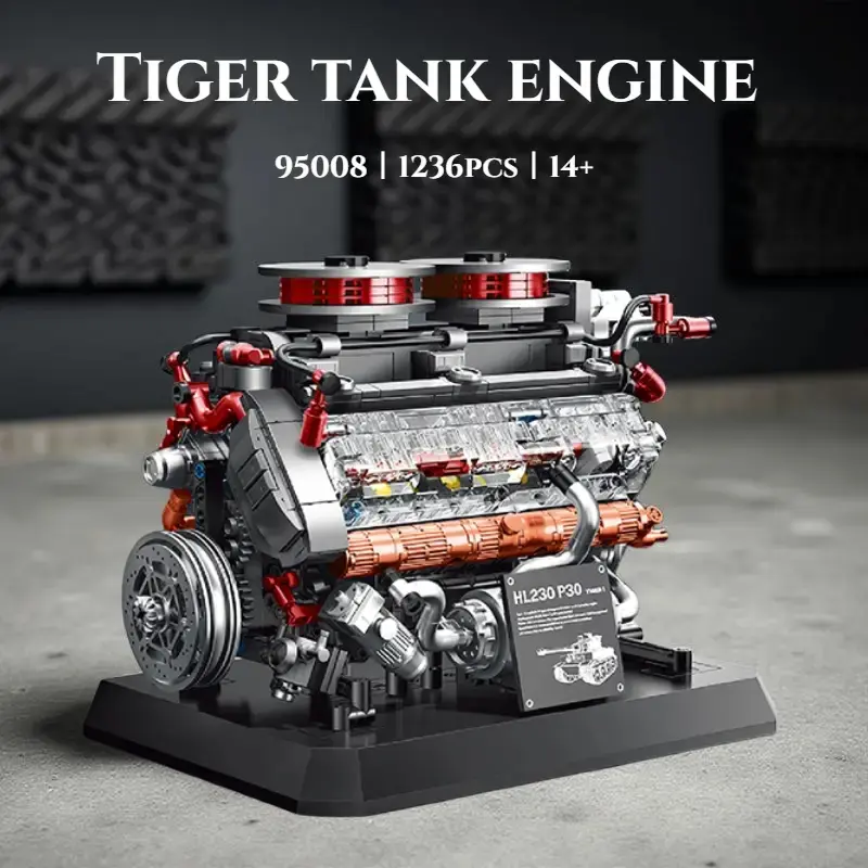 1236pcs Tiger Tank Engine Building Block Set - High-Difficulty ABS Plastic Assembly Model, Realistic Car Engine Replica with Red Accents, V8 Model Engine To Build That Work, Working Engine Model Kit, Engine Toy Brick Blocks