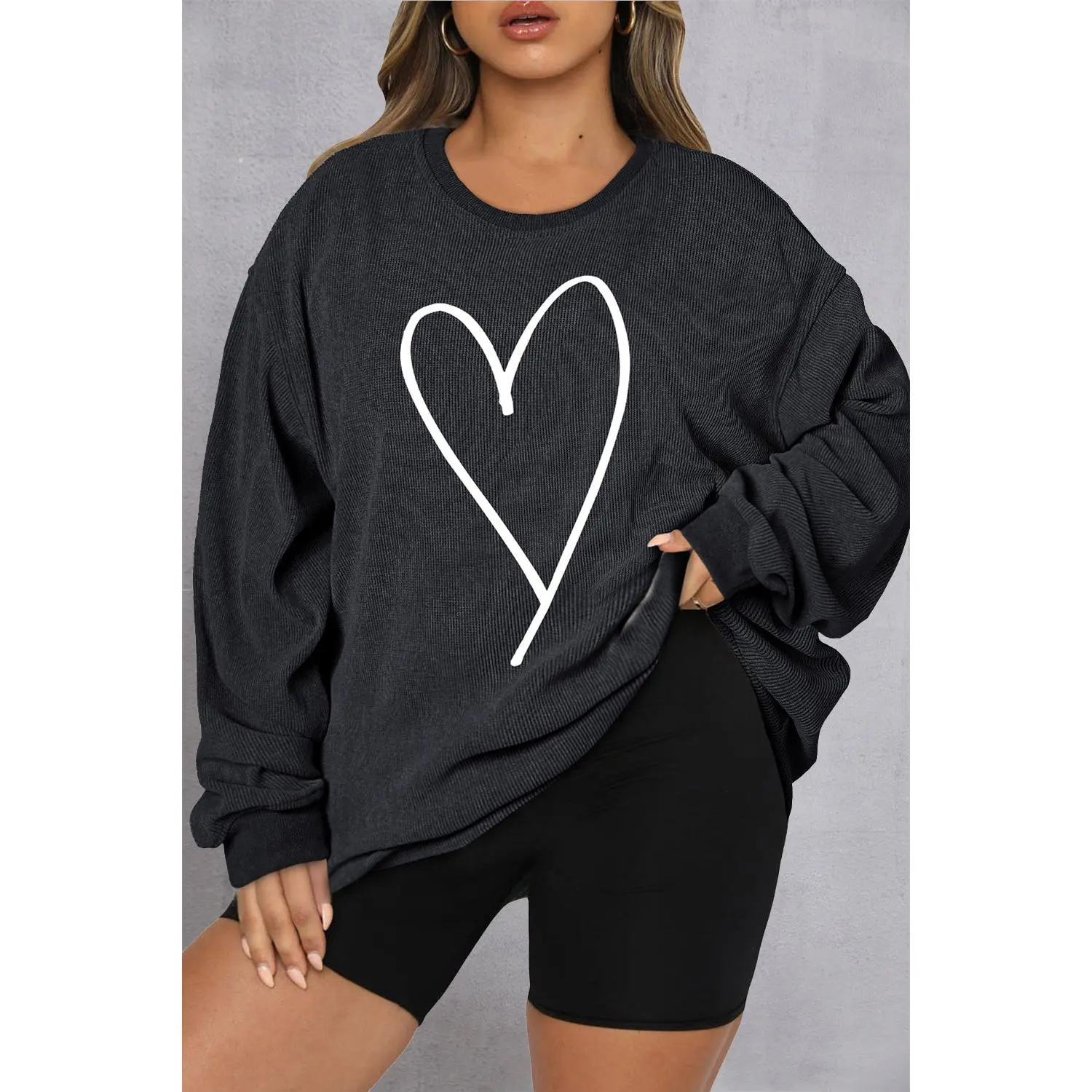 Hi Curvy Plus Size Women Heart Ribbed Round Neck Sweatshirt