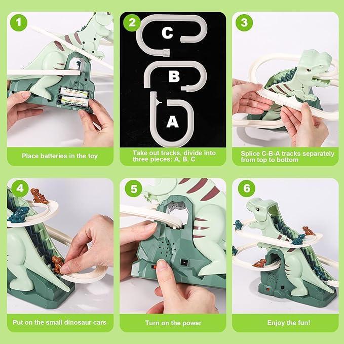 Dinosaur Stairs Climbing Toy  Electric Track, 6 Cars, Fun Gift for Kids & Boyfriend