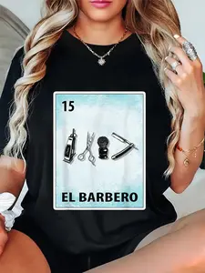 100% Cotton Unisex El Barbero Mexican Barber Cards T-Shirt Casual Graphic Printed Tee Casual Top