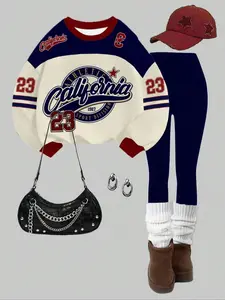 Women's Fall Winter Street Style Round Neck Pullover Colorblock Patchwork Graphic Print Loose Casual Sweatshirt Tight Long Pants Set Outfits