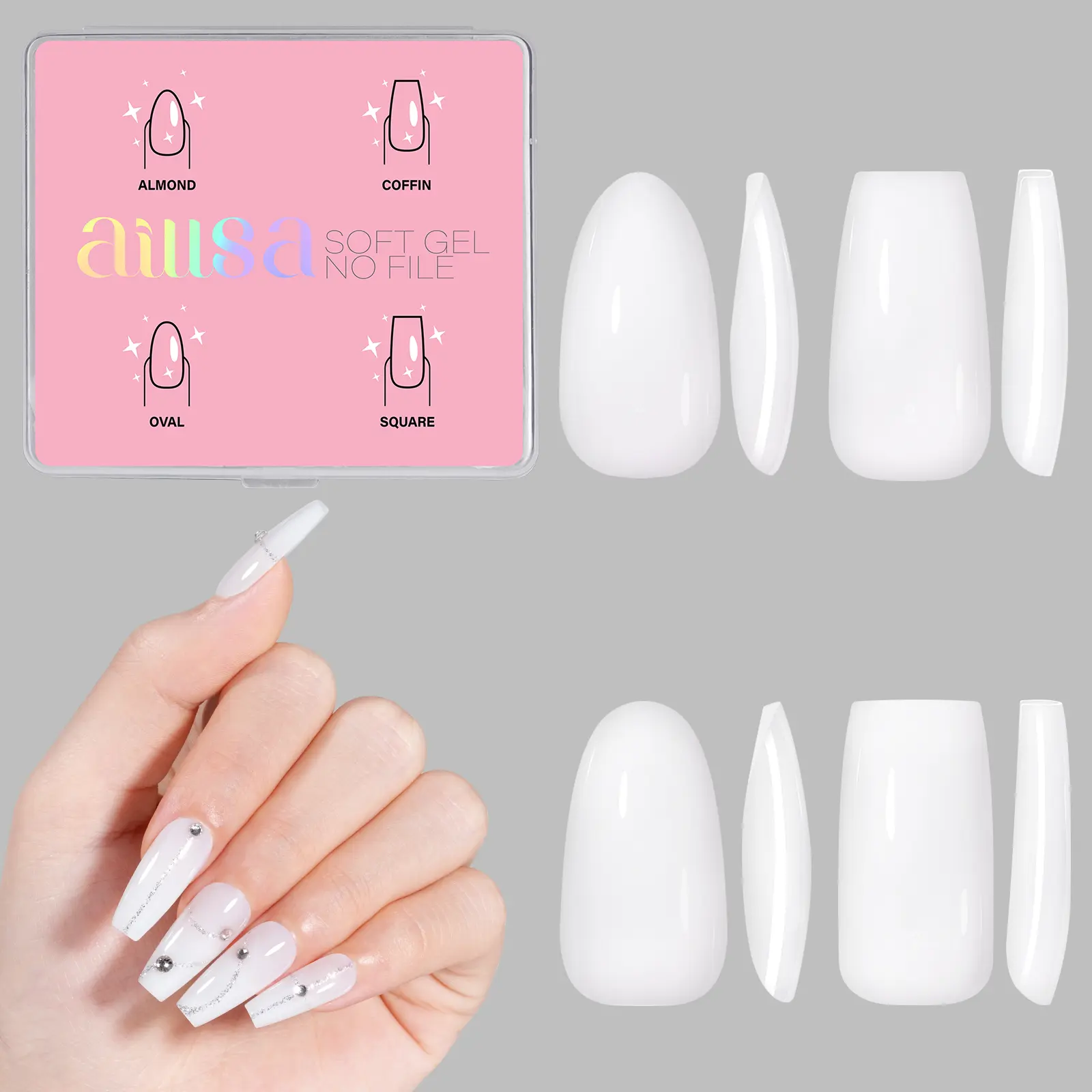 Aillsa 4 Pre-shaped Medium Almond, Coffin, Oval, Square Soft Gel Nail Tips Set -112Pcs Milky White Press on Nails 14 Sizes gelx Tips Full Cover Fake Nails Extension for Beginners Easy DIY Nail Salon Nail Care Manicure Brithday Halloween Gift for Girls