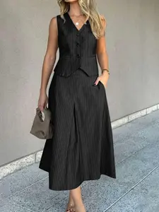 Women's Striped Print Vest & High Waist Skirt Two-piece Set, Casual Sleeveless Button Front Top & A Line Skirt for Work Office Business, Ladies Summer Clothes