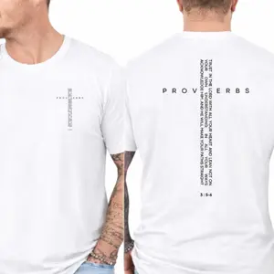 Proverbs 3:5-6 T-Shirt - Minimal Cross Verse On The Chest , Large Trust In The Lord Scripture Print On The Back , Christian Faith Apparel , Bible Study Clothing , Church Worship Outfit , Inspirational Religious Style Classic Cotton Menswear Top Sport