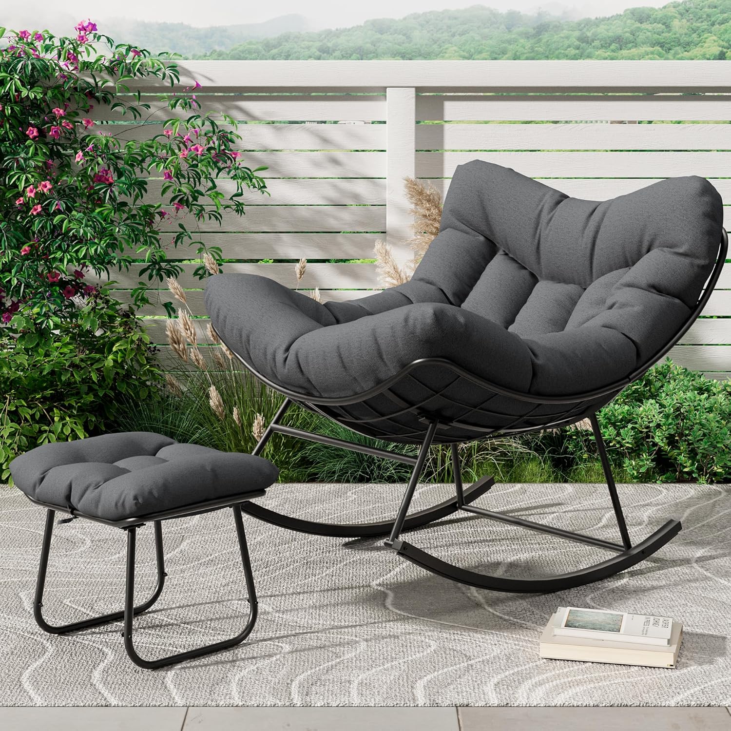 Outdoor Oversized Papasan Rocking Chair with Footrest, Patio Lounge Chair with Ottoman and Sturdy Metal Frame, Patio Rattan Egg Rocker for Balcony Backyard Porch Bedroom