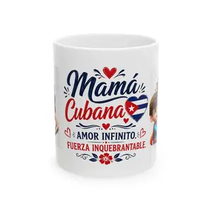 Mamá Cubana Amor Infinito Glossy 11oz Ceramic Mug - Cuban Flag Heart Design, Fuerza Inquebrantable Washable Drink Cup