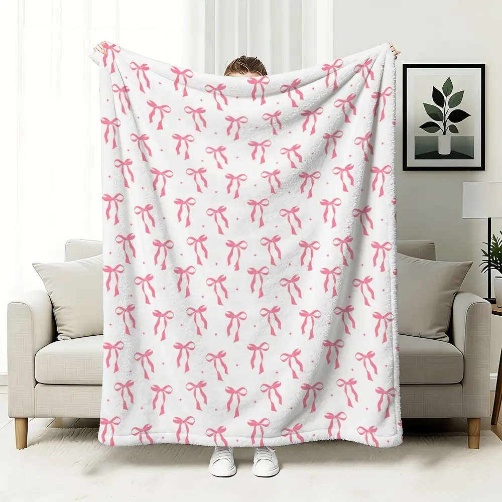 1pc Flannel Pink Bow Soft Cozy Plush Blanket, Christmas Tree Winter Warm Fleece Throw for Couch, Bed, Nap, Large Fluffy Comfortable Decorative Sofa Living Room Gift, Housewarming Holiday Bedroom Indoor Cute Home Décor, Warmth Snuggle Relax Lounge