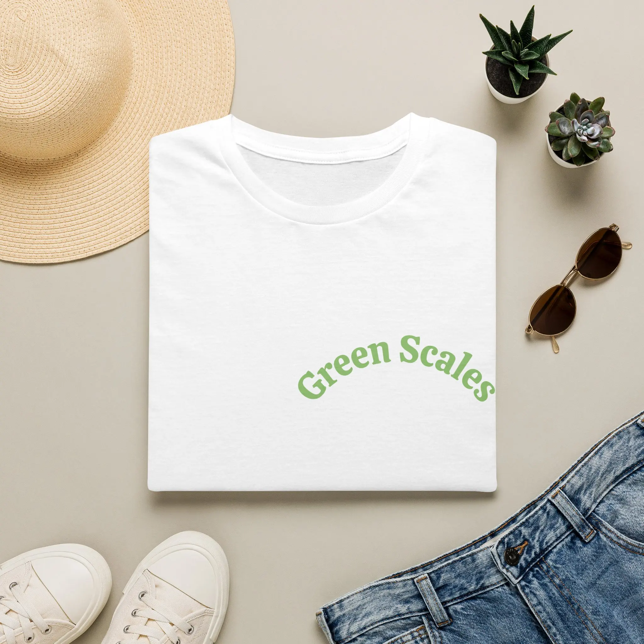Men's Green Scales Arched Text Cotton Graphic Tees - Minimalist Plant Logo, All-Season Classic Fit, Comfortable Casual Men's Tops