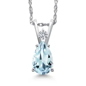 Gem Stone King Teardrop Pendant Necklace for Women | 14K White Gold | 7X5MM Gemstone Birthstone and Lab Grown Diamond | 18 Inch Chain | Jewelry Gift for Her Mom Wife