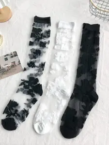 3pairs sexy lace flower calf socks breathable, comfortable, transparent and casual socks suitable for women's daily dance party socks