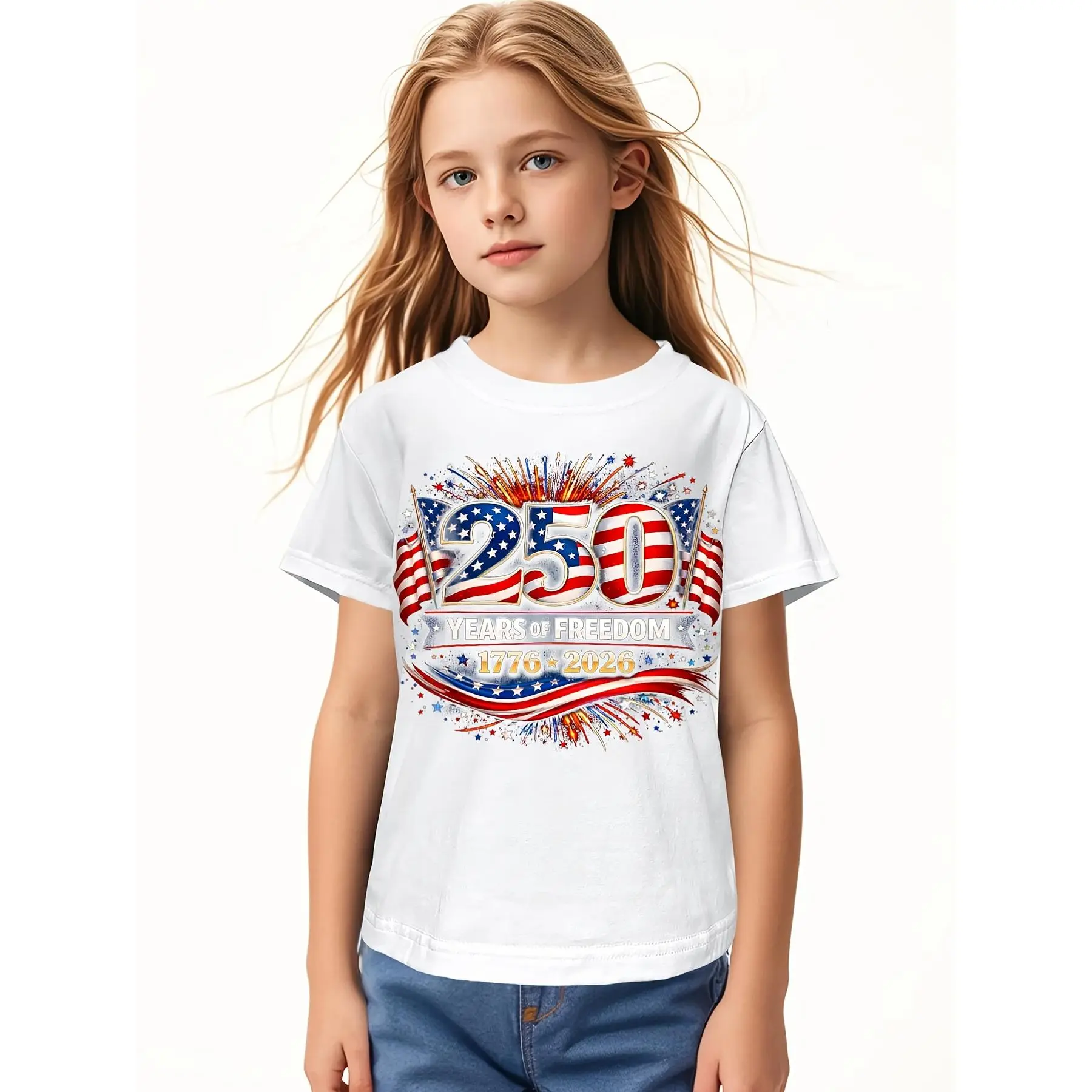 Girls' Casual July 4th Graphic T-Shirt, 100% Cotton Drop Shoulder Crewneck for Summer Weekend Playwear, Fashion T Shirt, Graphic Tee Top, Crew Neck Tshirt, 4Th Of Julyfinds, Short Sleeve Tops, Japanese, Drop Shoulders, Graphic Printed Tee, 4-5Y