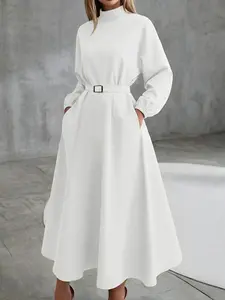 ZANZEA Women's Chic Midi Dress, High Neck Turtleneck Plain Color Waist Cinch Side Pockets, X-Type Long Sleeve, Loose-Fitting, All Seasons, Casual Wear