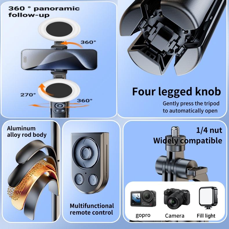 NEW 360-Rotatable Selfie Stick Tripod,Rechargeable Smart Face Tracking Tripod With 2 Fill Light, Auto Face Tracking Phone Holder for Vlog, Live Streaming,Smartphone Camera Accessories New Selfie Stick  face tracking  tripod
