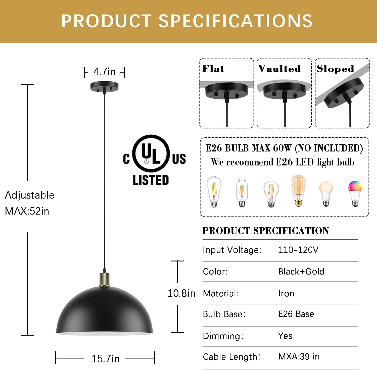 Black Pendant Light Fixtures, 15.7" Large Dome Farmhouse Vintage Chandelier Hanging Lighting for Kitchen Island Dining Room